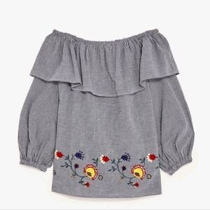 Zara Blue Checkered Blouse with Floral Embroidery